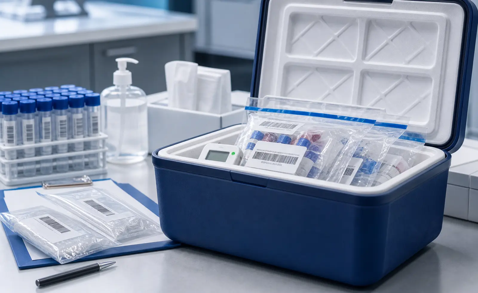 Cold-chain container, sealed bags and sample tubes for clinical handoff